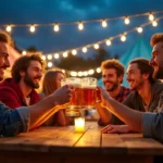 Freunde am Tisch trinken Bier auf den Ludwigsburger Brautage