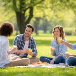 Picknick mit Aussicht Freunde auf der Wiese