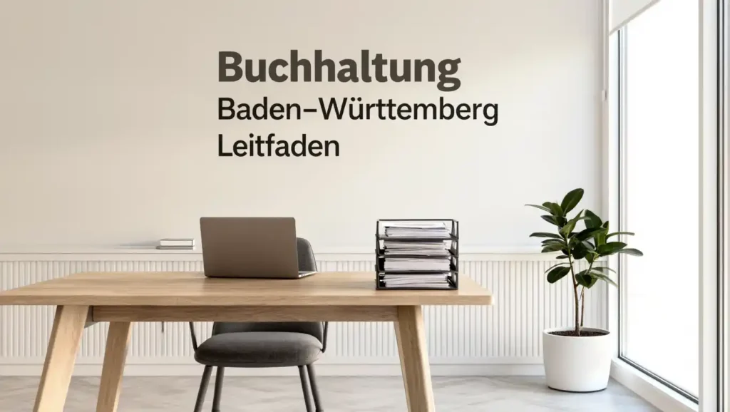 Modernes Büro mit Schreibtisch, Laptop, Papierablage, Pflanze und dem Titel „Buchhaltung Baden-Württemberg Leitfaden“ an der Wand.