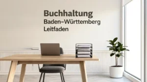 Modernes Büro mit Schreibtisch, Laptop, Papierablage, Pflanze und dem Titel „Buchhaltung Baden-Württemberg Leitfaden“ an der Wand.