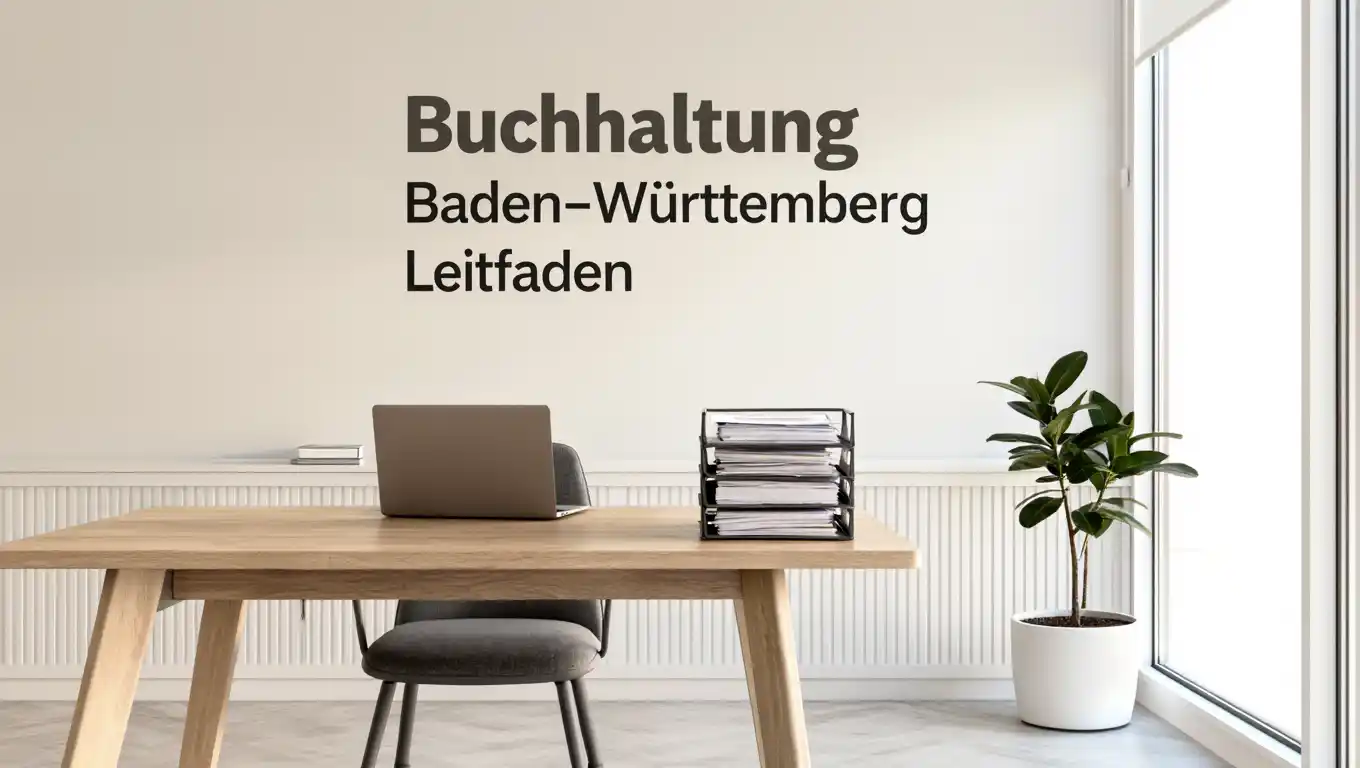 Modernes Büro mit Schreibtisch, Laptop, Papierablage, Pflanze und dem Titel „Buchhaltung Baden-Württemberg Leitfaden“ an der Wand.