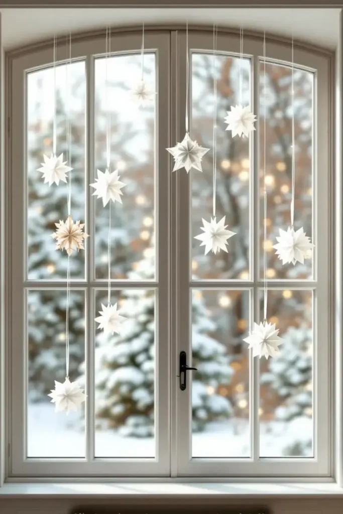 Helles Winterfenster mit mehreren weißen Papiersternen, die vor einer verschneiten Landschaft an langen Fäden herabhängen Winterdeko fürs Fenster
