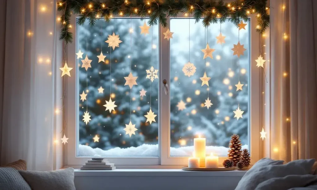 Winterlich dekoriertes Wohnzimmerfenster mit leuchtenden Sternanhängern, Tannengirlande mit Lichterkette und Kerzen auf der Fensterbank vor einer verschneiten Landschaft winterdeko fürs Fenster