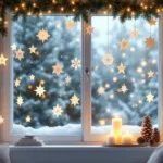 Winterlich dekoriertes Wohnzimmerfenster mit leuchtenden Sternanhängern, Tannengirlande mit Lichterkette und Kerzen auf der Fensterbank vor einer verschneiten Landschaft winterdeko fürs Fenster