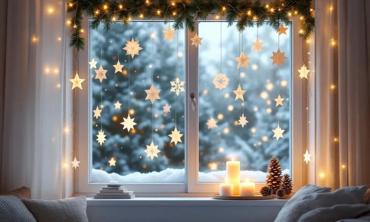 Winterlich dekoriertes Wohnzimmerfenster mit leuchtenden Sternanhängern, Tannengirlande mit Lichterkette und Kerzen auf der Fensterbank vor einer verschneiten Landschaft winterdeko fürs Fenster