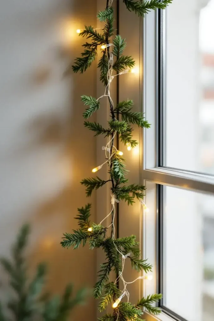 Tannengirlande mit kleinen warmweißen Lichterketten hängt dekorativ an einem Fensterrahmen Winterdeko fürs Fenster