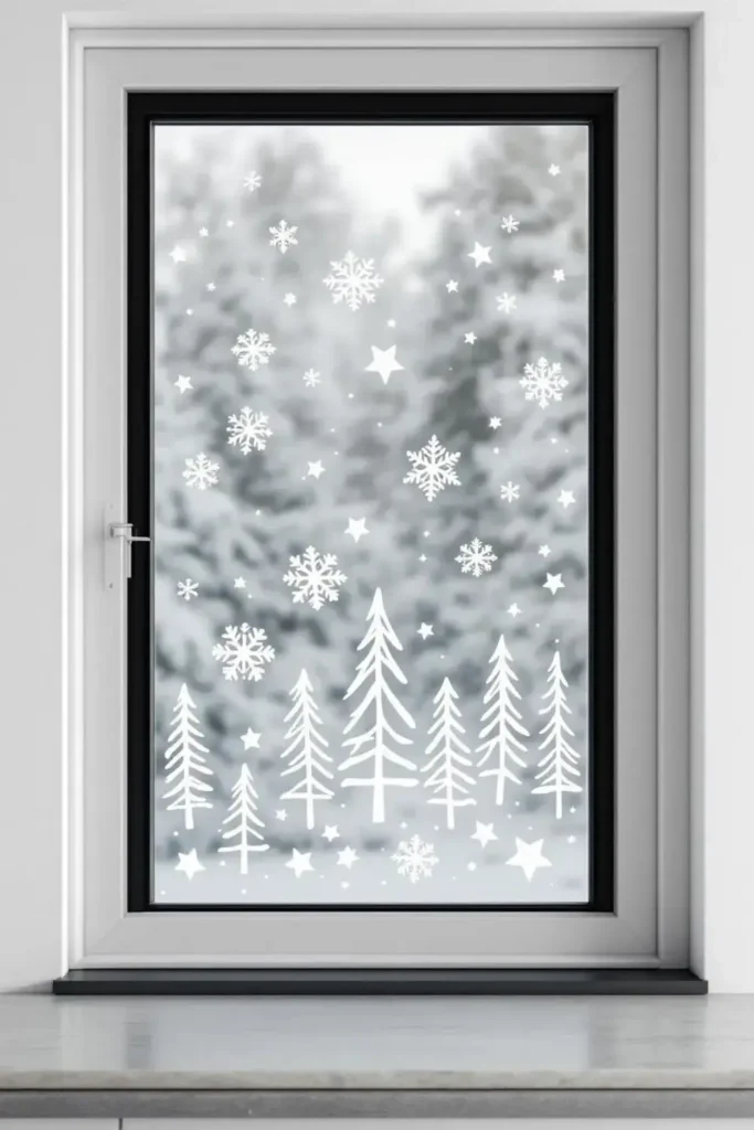 Fenster mit weißen Winterfensterbildern aus Tannenbäumen, Schneeflocken und Sternen vor verschneiter Landschaft