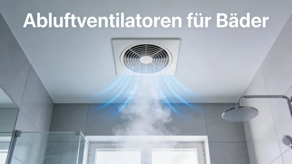 Abluftventilator eingebaut in der Decke im Badezimmer biem Feuchtigkeitsabsaugen