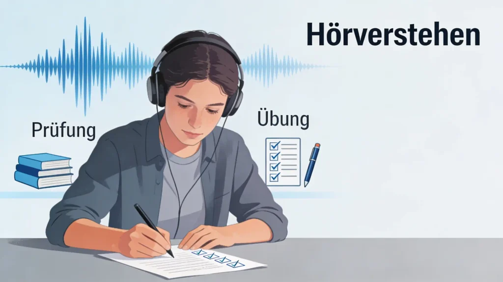Eine Illustration von einer Frau welche in Kopfhörern sich auf ein b2-Hörverstehen Test sich vorbereitet