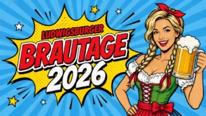 Ludwigsburger Brautage 2026 eine Frau im Dirndl hält Maß Bier