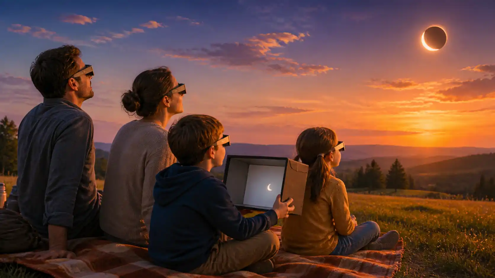 Familie sieht sich gemeinsam die Sonnenfinsternis an 