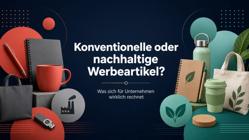 Abstraktes Bild Werbeartikel nachhaltig vs konventionell