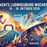 Ein buntes, illustriertes Veranstaltungsplakat für das Wochenende vom 16. bis 18. Oktober 2026 in Ludwigsburg