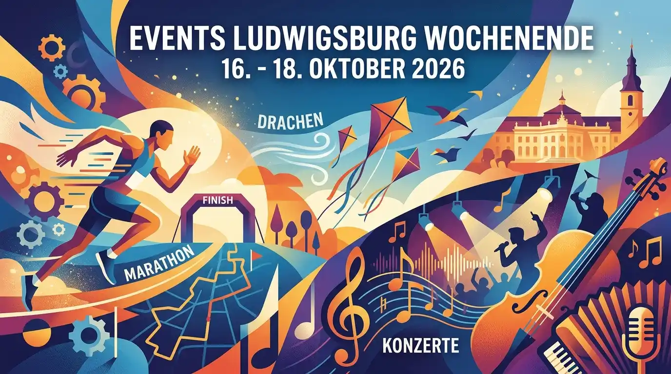 Ein buntes, illustriertes Veranstaltungsplakat für das Wochenende vom 16. bis 18. Oktober 2026 in Ludwigsburg