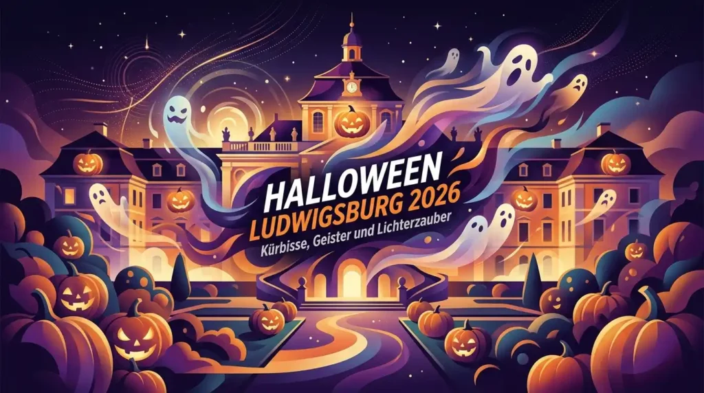 Abstraktes Illustrations-Beitragsbild für Halloween Ludwigsburg 2026: Das beleuchtete Residenzschloss im barocken Stil umgeben von leuchtenden Kürbissen, fliegenden Geistern und magischen Lichterpfaden vor dunklem Nachthimmel.