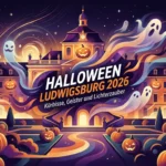 Abstraktes Illustrations-Beitragsbild für Halloween Ludwigsburg 2026: Das beleuchtete Residenzschloss im barocken Stil umgeben von leuchtenden Kürbissen, fliegenden Geistern und magischen Lichterpfaden vor dunklem Nachthimmel.