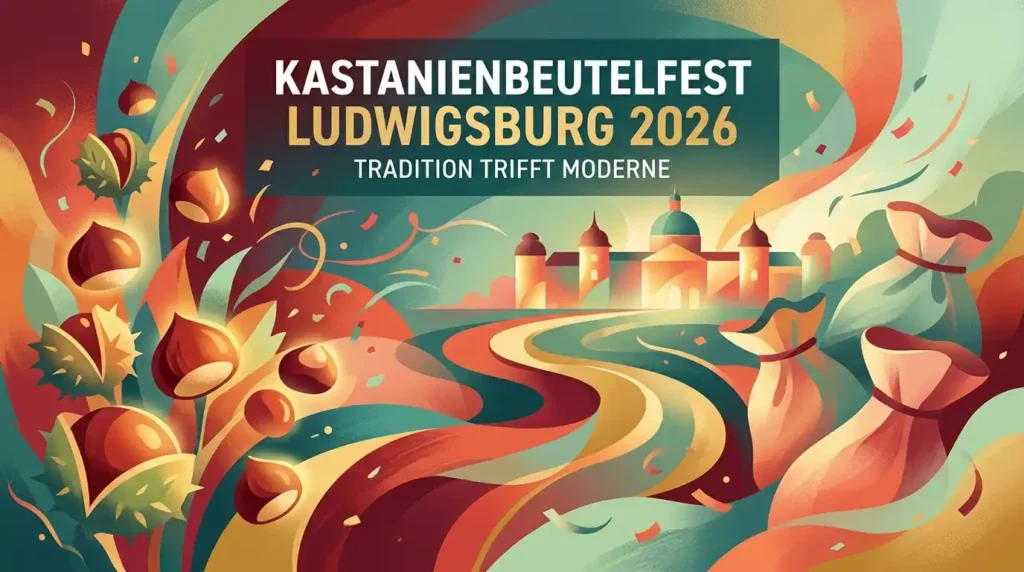 Abstraktes Beitragsbild zum Kastanienbeutelfest Ludwigsburg 2026 mit Illustrationen von Kastanien, Jutebeuteln und Barockarchitektur