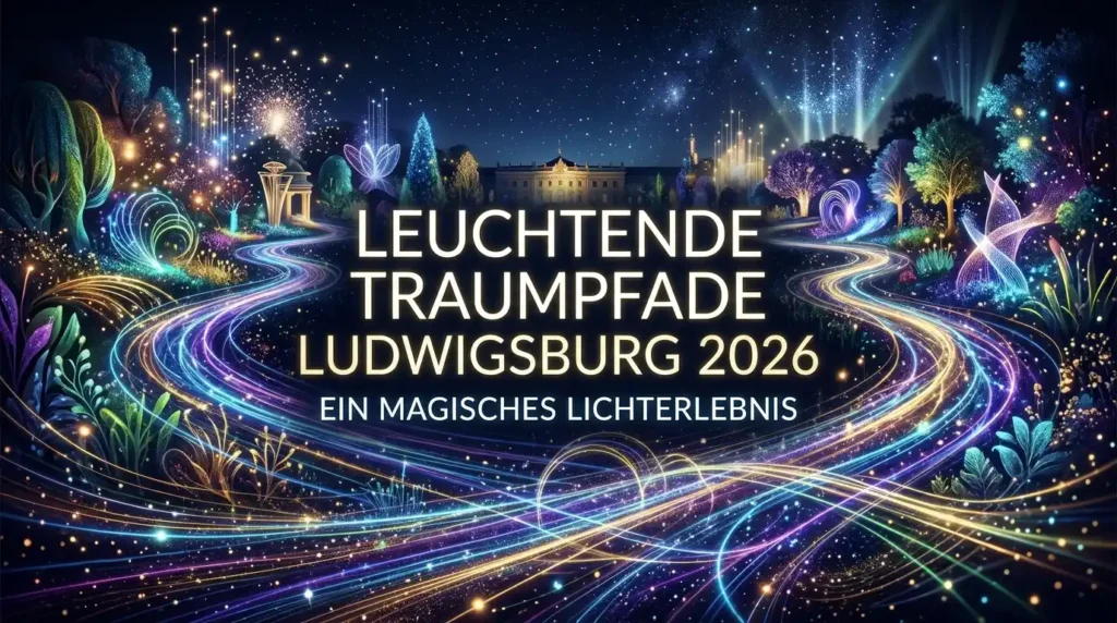 Magische Lichterwege führen zu einem beleuchteten Schloss bei Nacht.