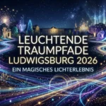 Magische Lichterwege führen zu einem beleuchteten Schloss bei Nacht.