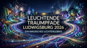 Magische Lichterwege führen zu einem beleuchteten Schloss bei Nacht.